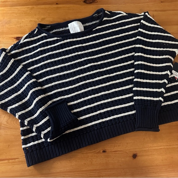 New Lucky Brand Sweater Pointelle Knit Navy Blue/White Stripe Women’s Size M - Picture 3 of 12